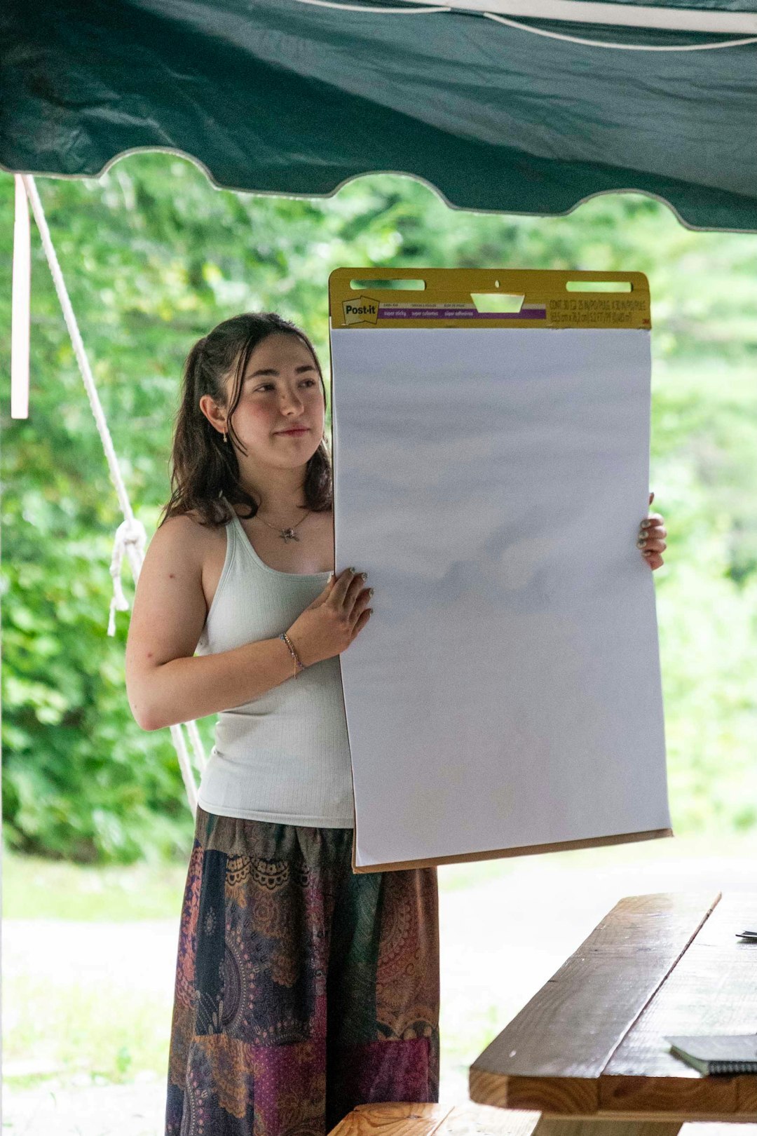 Mulher fazendo uma apresentação clara em um flipchart